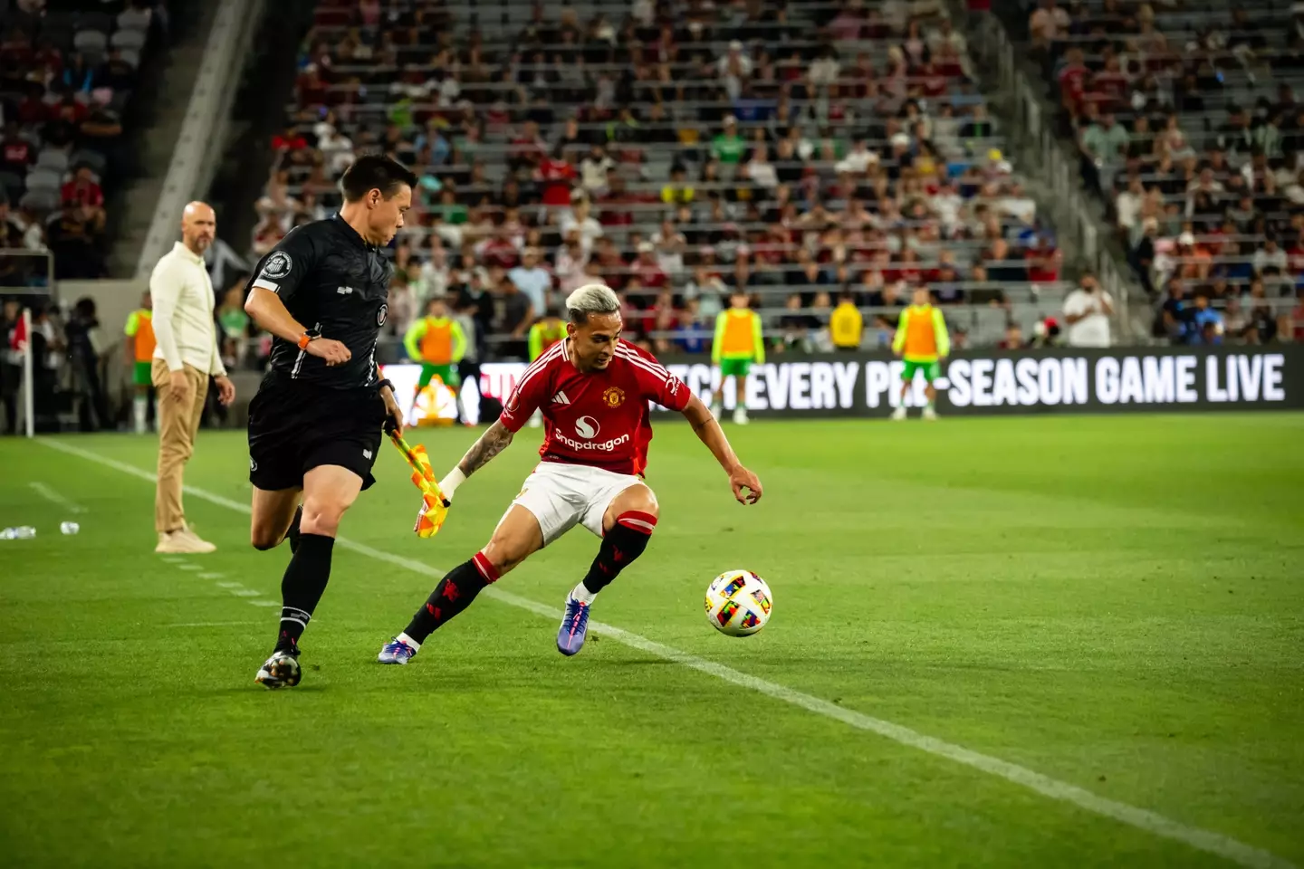 Antony in pre-season action for Manchester United. Image: Getty 