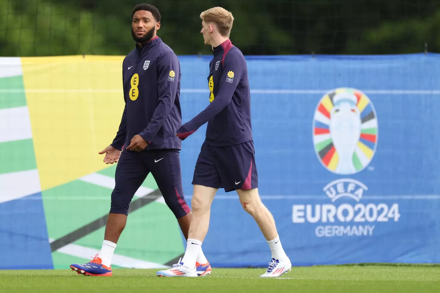 Joe Gomez and Anthony Gordon during an England training session at Euro 2024. Image: Getty