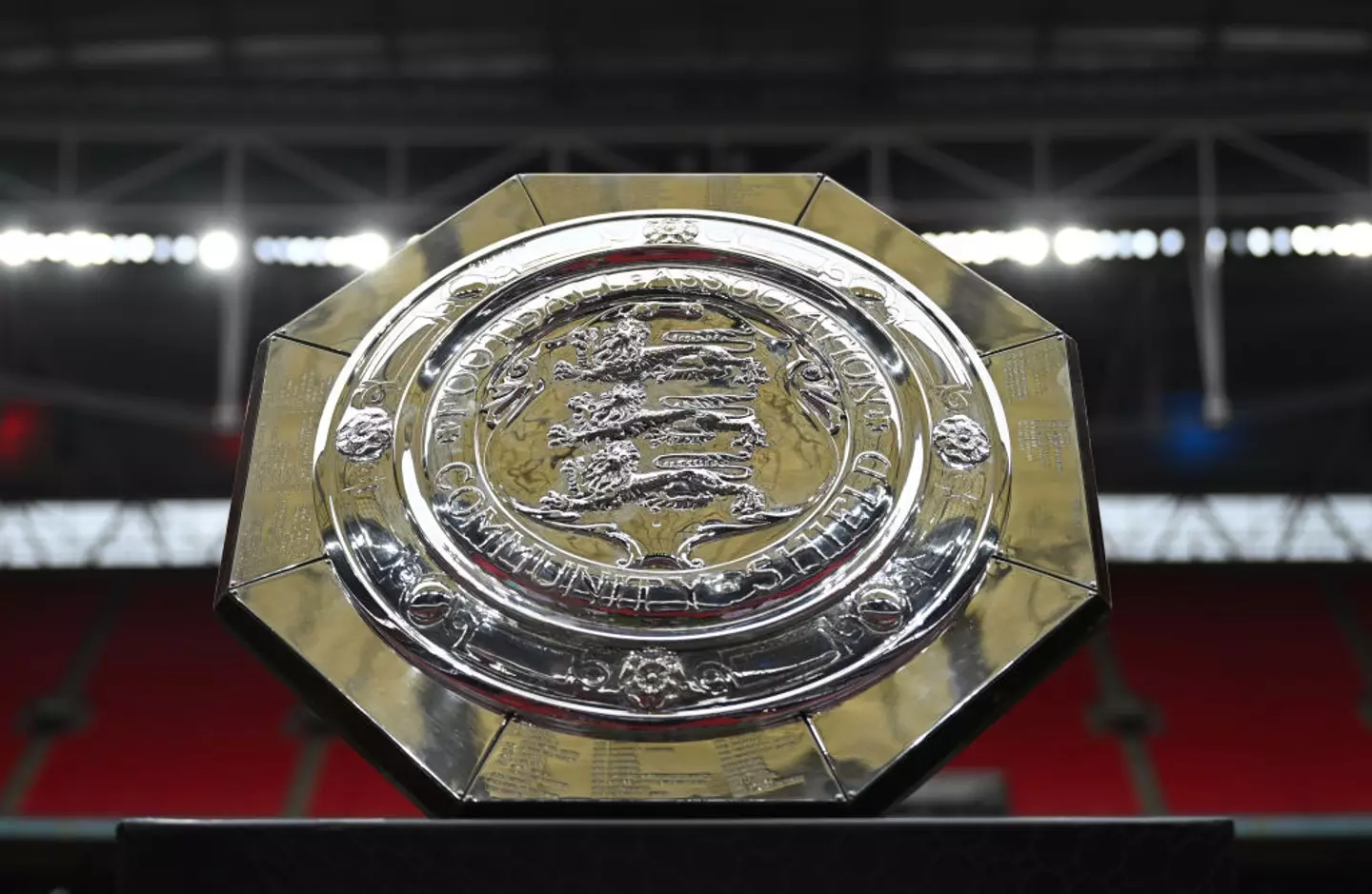 The Community Shield trophy on display at Wembley -