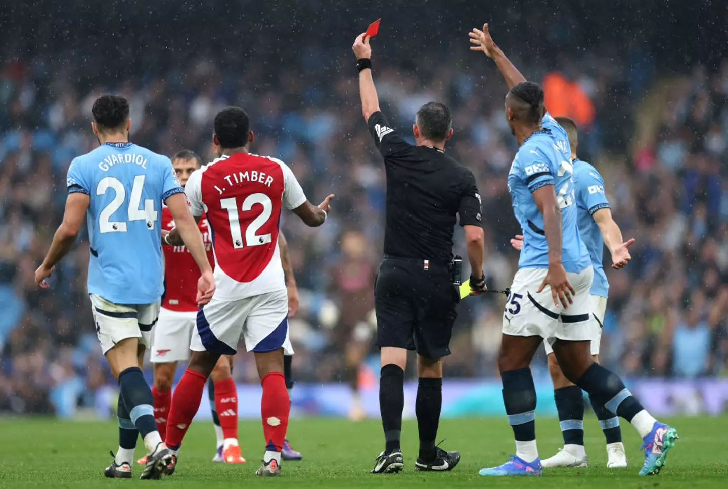 Arsenal star Leandro Trossard was shown a second yellow card against Man City -